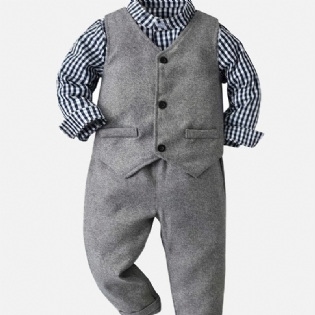 Baby Drenge Herre Sæt Plaid Knappet Skjorte & Vest & Matchende Bukser Sæt Formelt Outfit