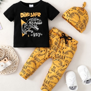 Baby Drenge Kortærmet Top & Matchende Bukser Og Hatte Sæt Med Tegneserie Dinosaur Print