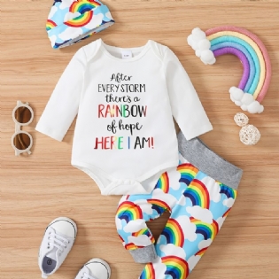 Baby Drenge Piger Bodysuit & Bukser Og Hatte Med Slogan Rainbow Grafisk Babytøj Layette Sæt