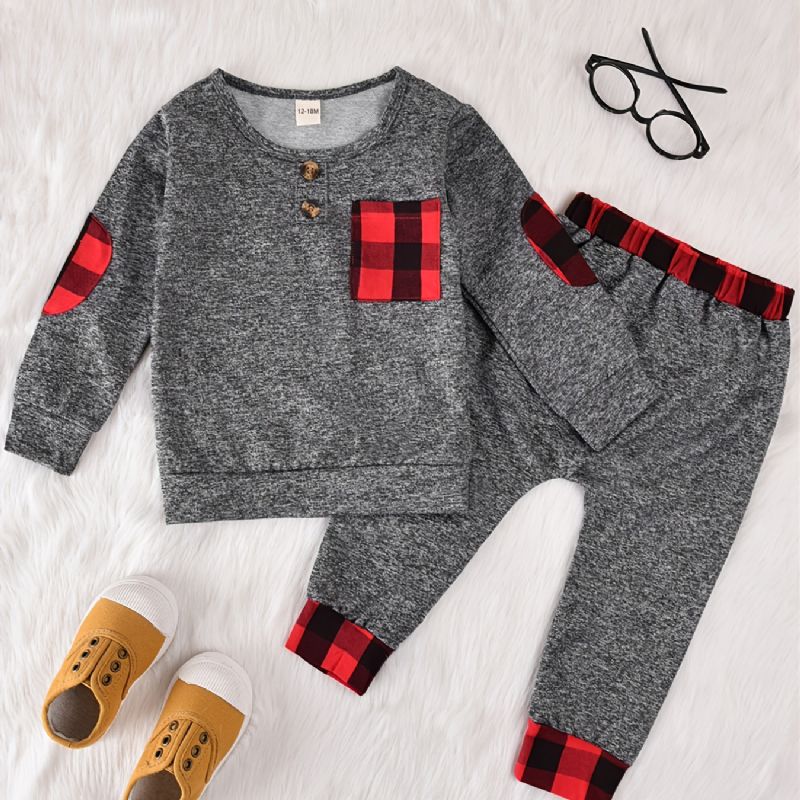 Baby Drenge Plaid Langærmet Sweatshirt & Bukser Sæt Jul