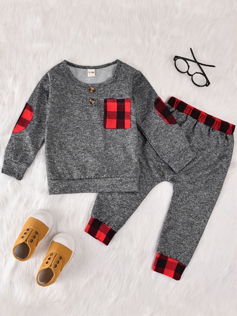 Baby Drenge Plaid Langærmet Sweatshirt & Bukser Sæt Jul