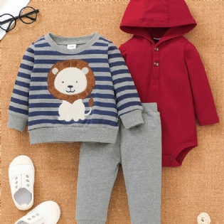 Baby Drenge Rød Bodysuit & Bukser & Stribet Løve Print Sweatshirt Sæt Til Efterår Vinter Ny Jul