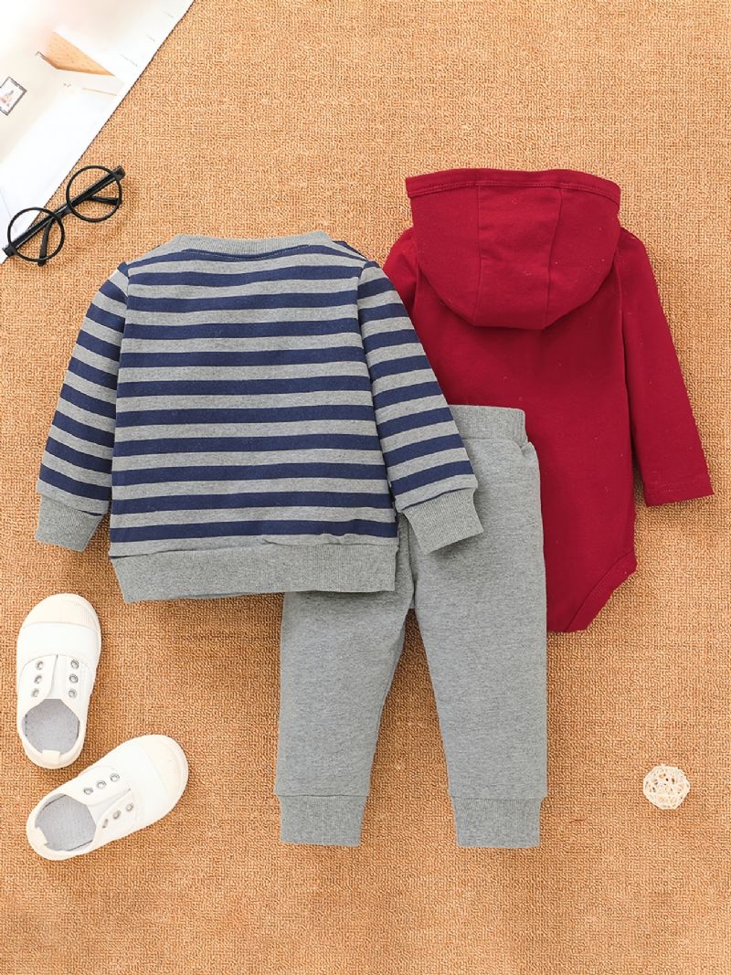 Baby Drenge Rød Bodysuit & Bukser & Stribet Løve Print Sweatshirt Sæt Til Efterår Vinter Ny Jul