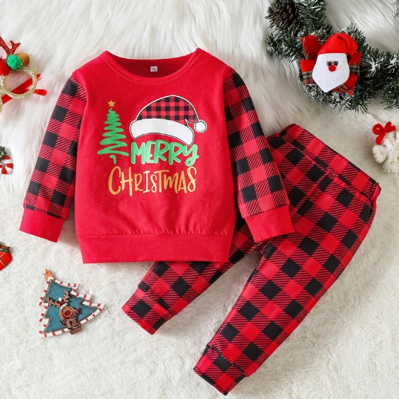 Børne Juletræ Print Rød Sort Ternet Sweatshirt Sæt