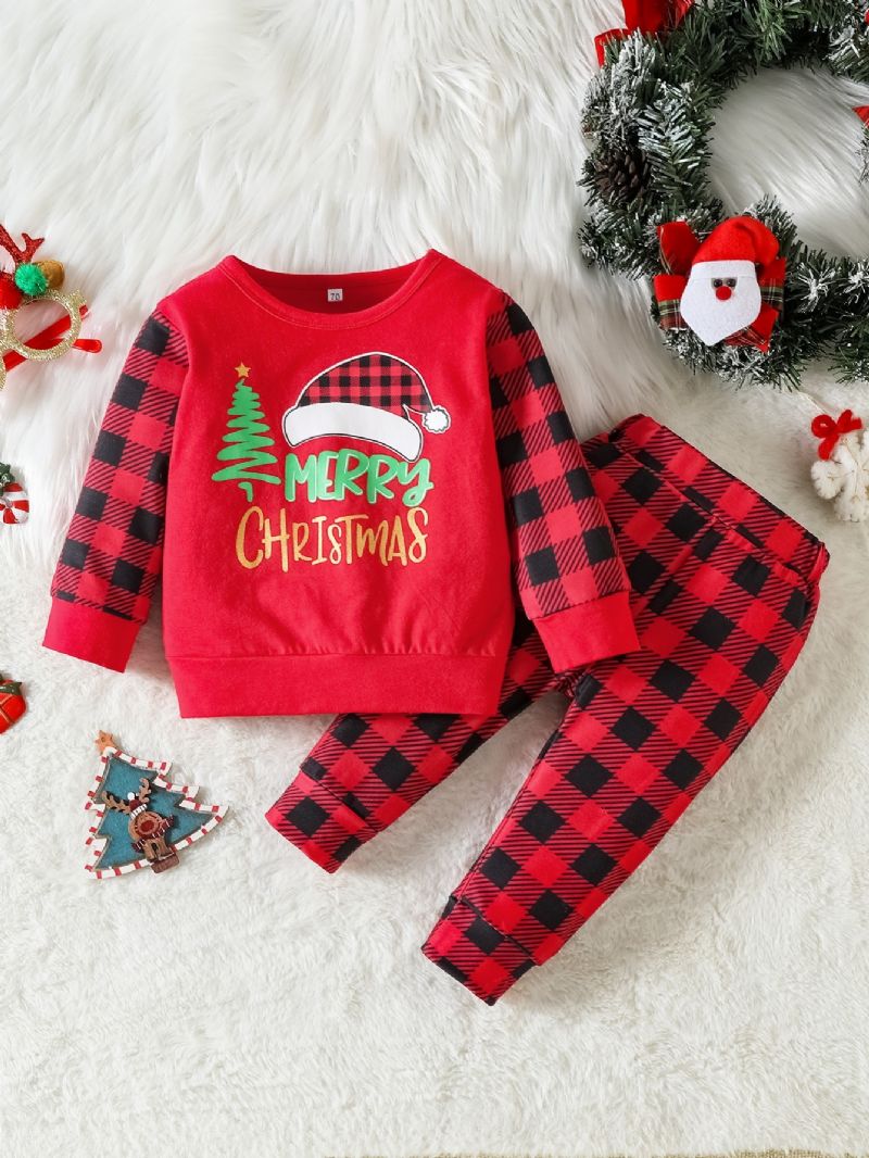 Børne Juletræ Print Rød Sort Ternet Sweatshirt Sæt
