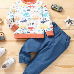 Drenge Cartoon Car Print Langærmet Sweatshirt & Solid Denim Bukser Sæt 2 Stk