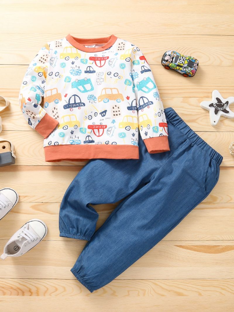 Drenge Cartoon Car Print Langærmet Sweatshirt & Solid Denim Bukser Sæt 2 Stk