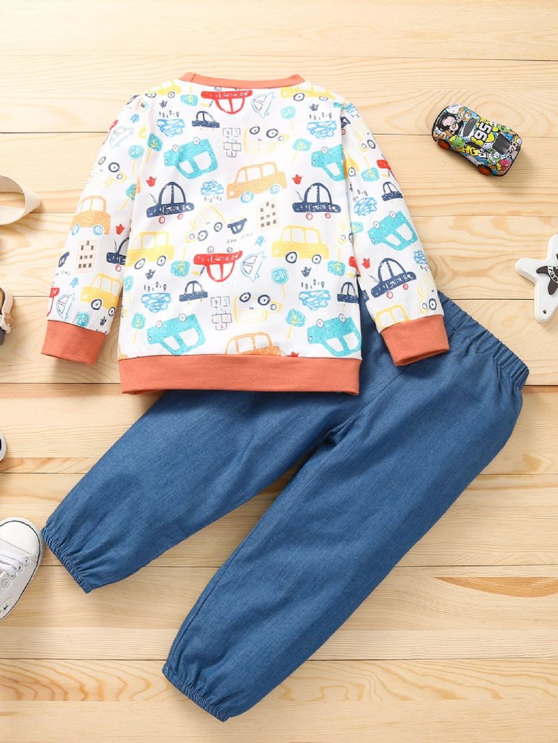 Drenge Cartoon Car Print Langærmet Sweatshirt & Solid Denim Bukser Sæt 2 Stk