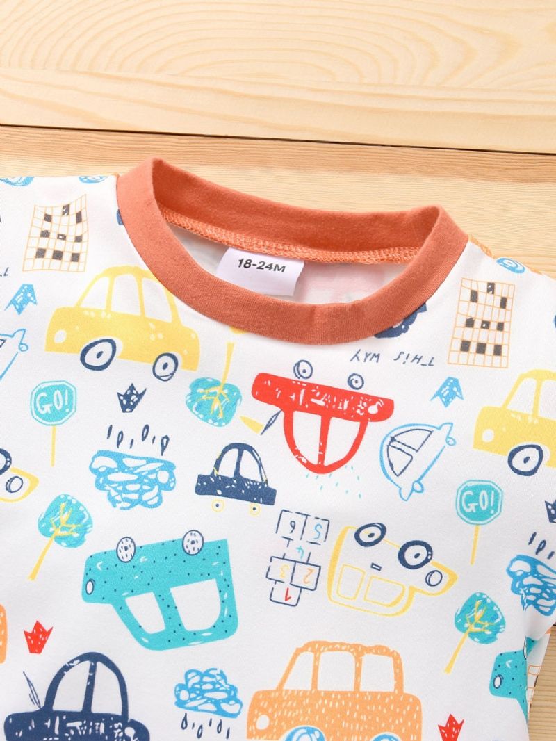 Drenge Cartoon Car Print Langærmet Sweatshirt & Solid Denim Bukser Sæt 2 Stk