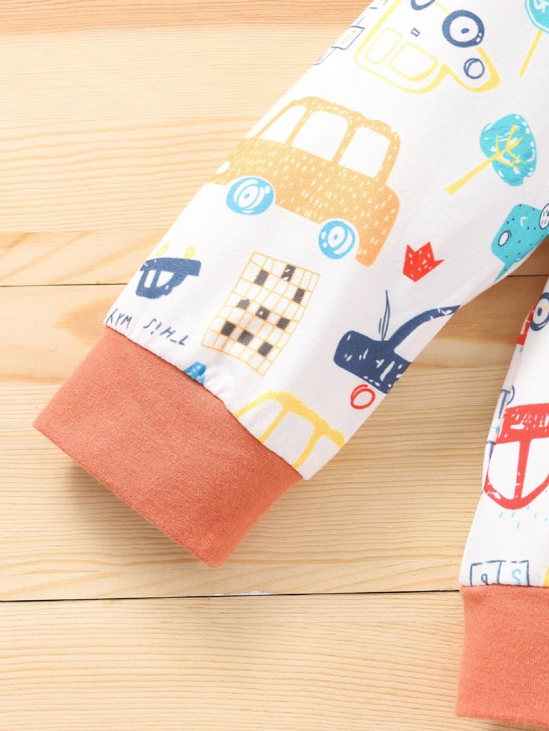 Drenge Cartoon Car Print Langærmet Sweatshirt & Solid Denim Bukser Sæt 2 Stk