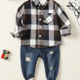 Drenge Casual Plaid Skjorte & Ripped Jeans Suit Autumn Winter