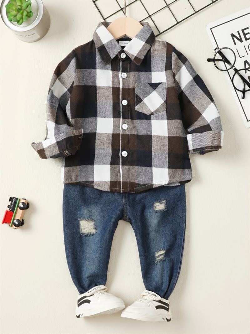 Drenge Casual Plaid Skjorte & Ripped Jeans Suit Autumn Winter