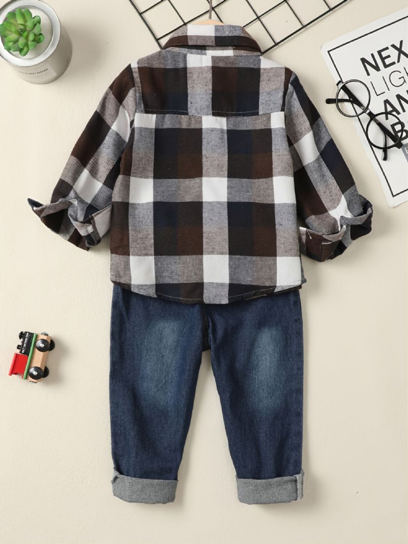 Drenge Casual Plaid Skjorte & Ripped Jeans Suit Autumn Winter