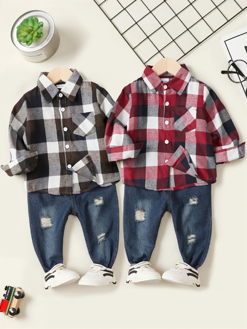 Drenge Casual Plaid Skjorte & Ripped Jeans Suit Autumn Winter
