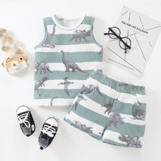 Drenge Dinosaur Print Stribet Tank Top + Shorts Med Lomme Sæt Børnetøj Til Sommer