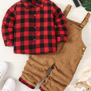 Drenge Flannel Plaid Skjorte + Matchende Solide Overalls Sæt Børnetøj Til Vinter