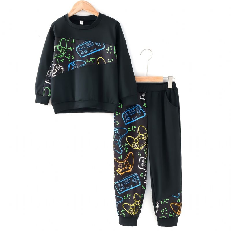 Drenge Game Blomsterprint Kontrast Langærmet + Sweatpants Outfit Sæt Drengetøj