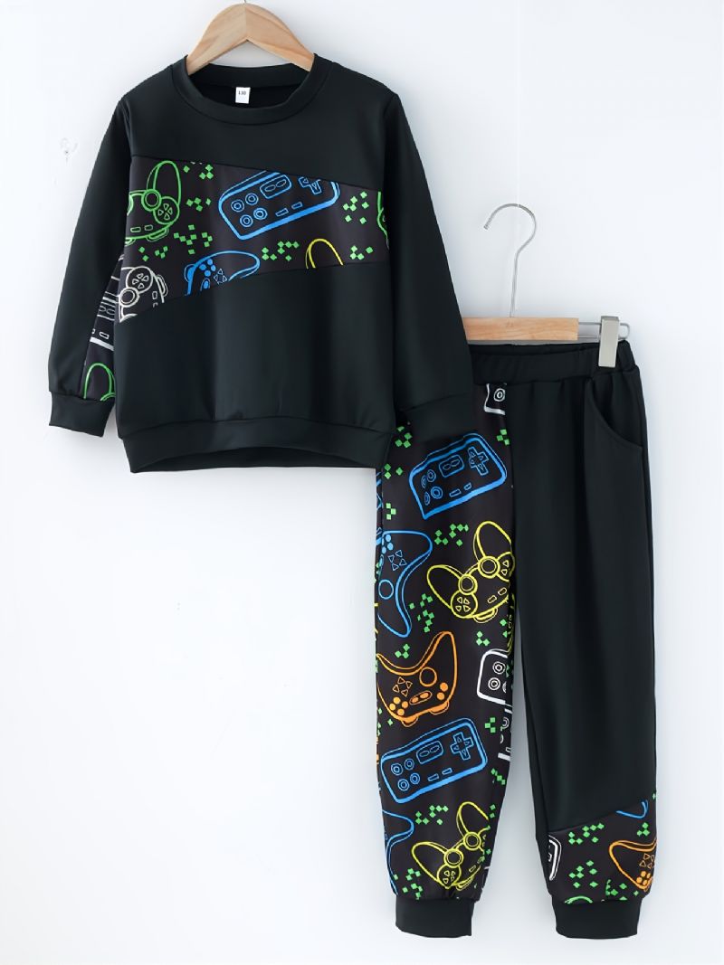 Drenge Game Blomsterprint Kontrast Langærmet + Sweatpants Outfit Sæt Drengetøj