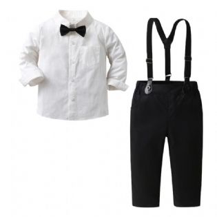 Drenge Herre-outfit Langærmet Hvid Skjorte Med Sløjfe- Og Selebuksesæt Tøj