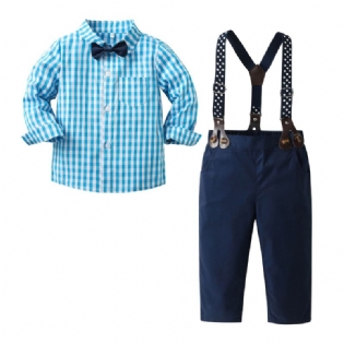 Drenge Herre-outfit Langærmet Plaidskjorte Med Sløjfe- Og Selebuksesæt Tøj