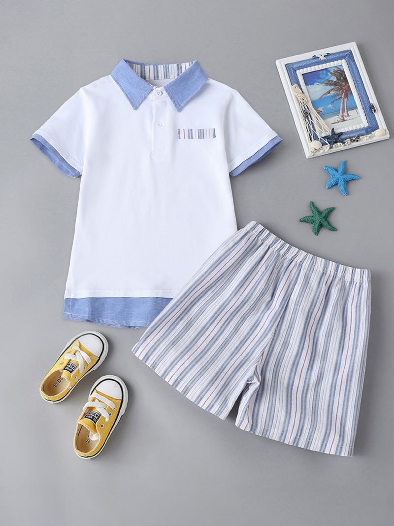 Drenge Kortærmet Preppy Style Top + Stribede Bukser Sæt Børnetøj