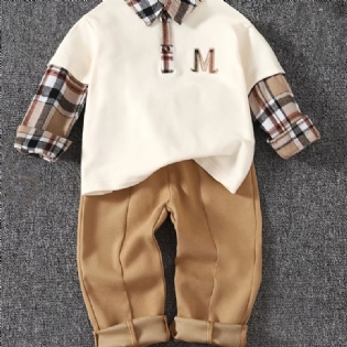 Drenge Langærmet Plaid Skjorte Top + Matchende Solide Buksesæt Babytøj Børnetøj