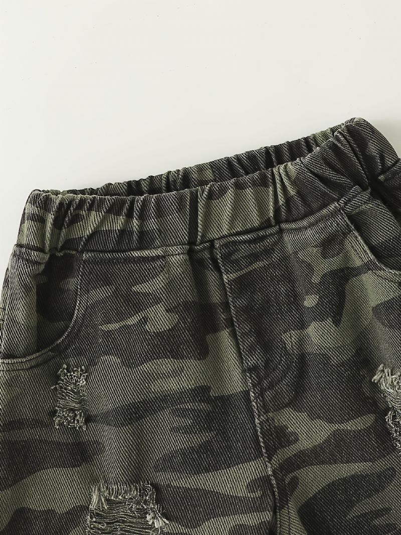Drenge Letter Print Kortærmet Top + Camo Ripped Shorts Sæt Børnetøj