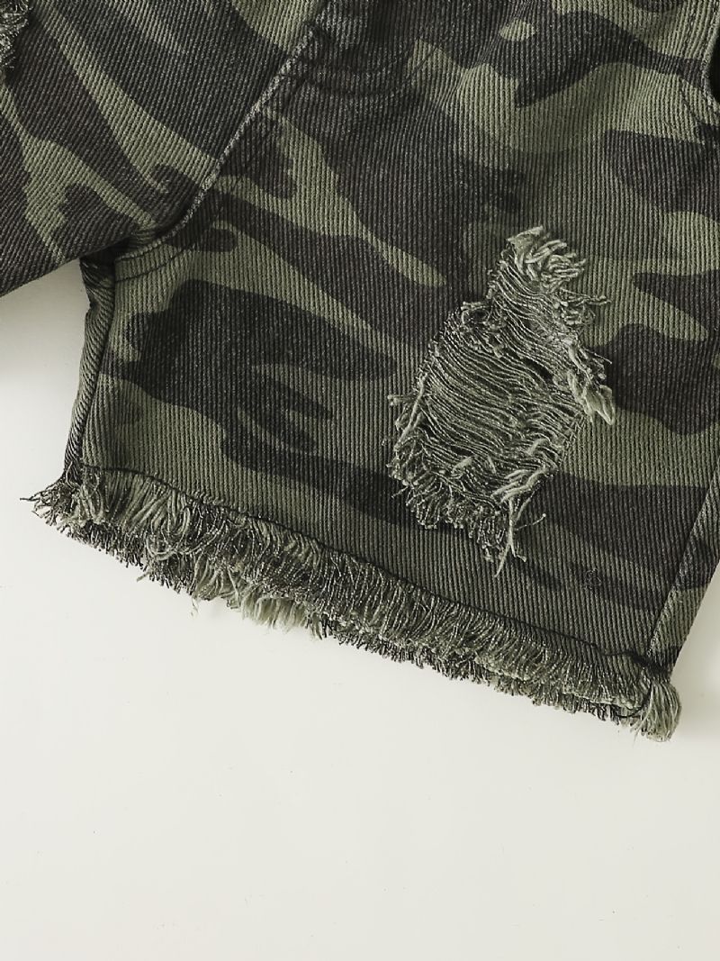 Drenge Letter Print Kortærmet Top + Camo Ripped Shorts Sæt Børnetøj