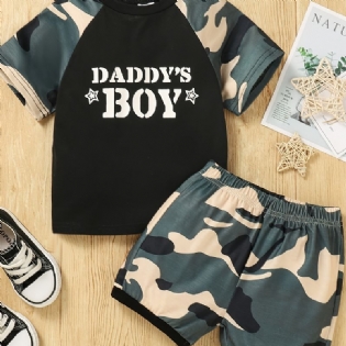 Drenge Letter Print Kortærmet Top + Camo Shorts Sæt Børnetøj