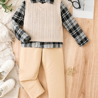Drenge Plaid Button-up Skjorte & Solid Strik Vest Og Bukser Sæt