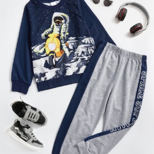 Drenge Pyjamas Familieoutfit Space Astronaut Print Rundhalset Langærmet Top Og Buksesæt Børnetøj