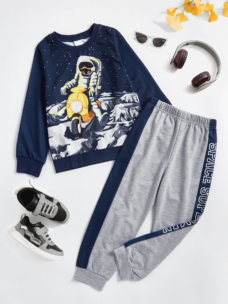 Drenge Pyjamas Familieoutfit Space Astronaut Print Rundhalset Langærmet Top Og Buksesæt Børnetøj