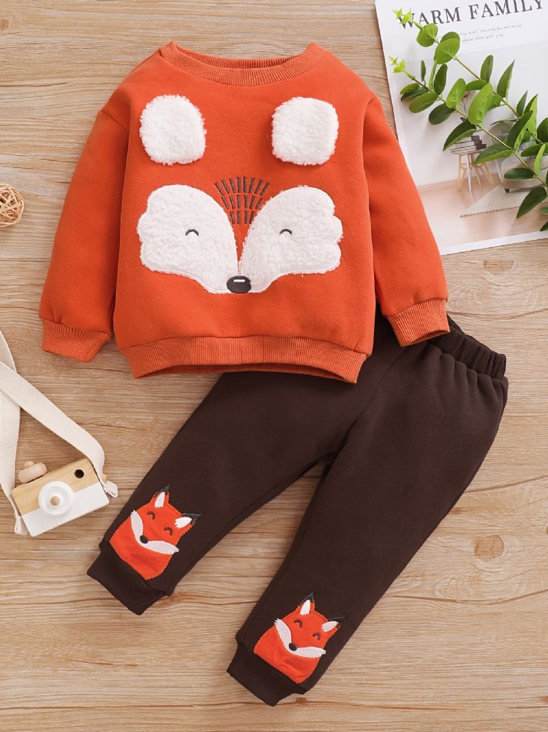 Drenge Ræveører Rundhalset Sweatshirt + Fox Broderede Bukser Sæt Børnetøj Til Vinter