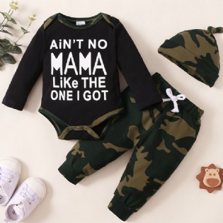 Drenge Slogantryk Langærmet Jumpsuit + Camobukser + Hattesæt Babytøj