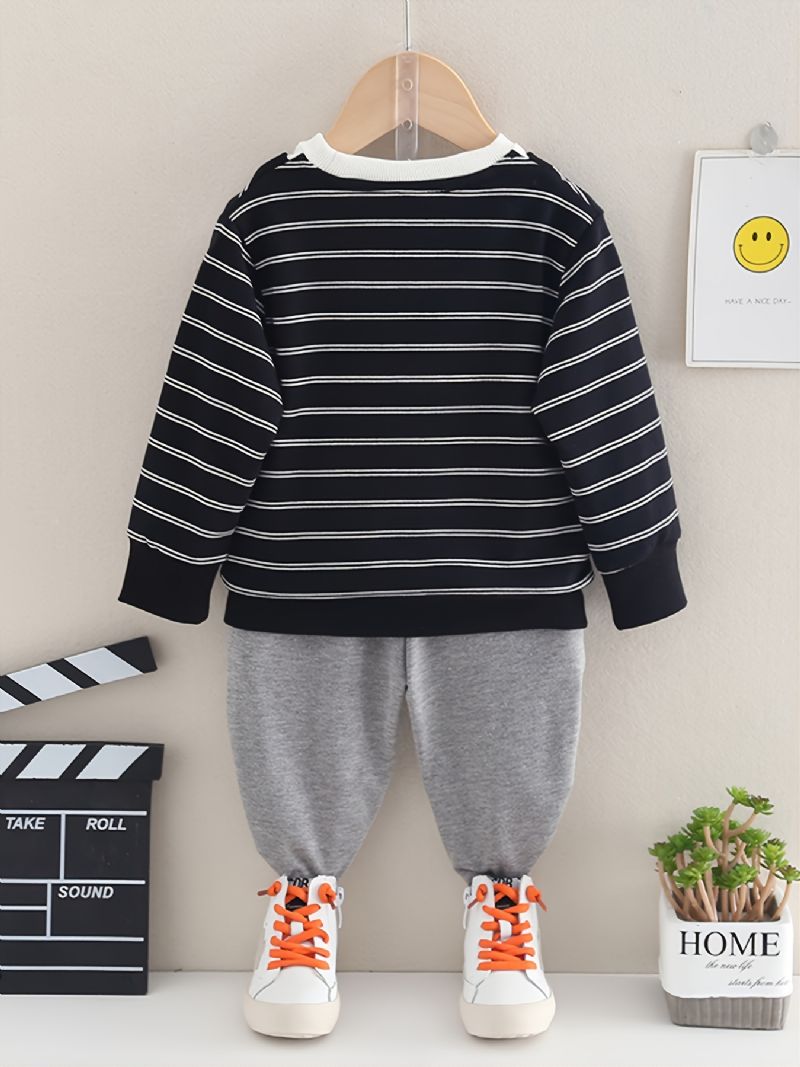 Efterår Vinter Drenge Sort Stribet Rund Hals Falske 2-delt Sweatshirt Bukser Sæt