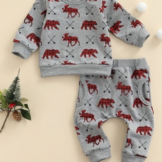 Nyfødt Babyjuletøj Pullover Hjortebjørnetryk Rundhalset Langærmet Sweatshirt Og Buksesæt Til Drenge Piger