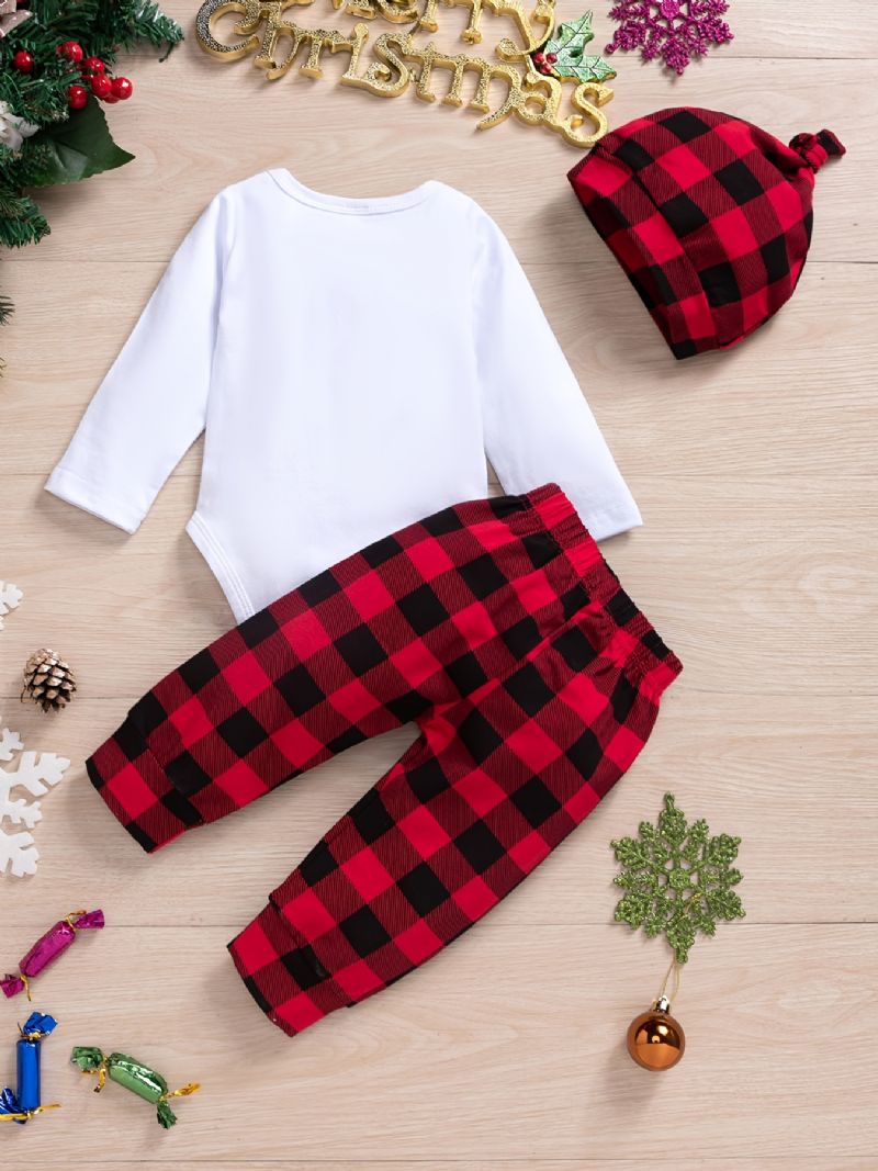 Småbørn Baby Drenge Juleoutfit Bodysuits Søde Juletryk Langærmede Rullebukser & Plaid Bukser & Hatte Sæt