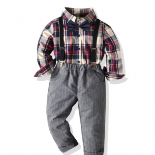 Småbørnsdreng Herreoutfits Plaidskjorte Med Sløjfe Og Selebuksesæt Børnetøj