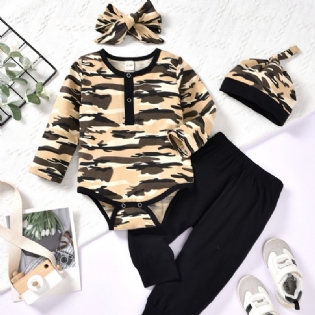 Toddler Baby Drenge Bodysuits Camouflage Print Langærmede Rullebukser & Bukser & Hatte & Pandebånd Sæt