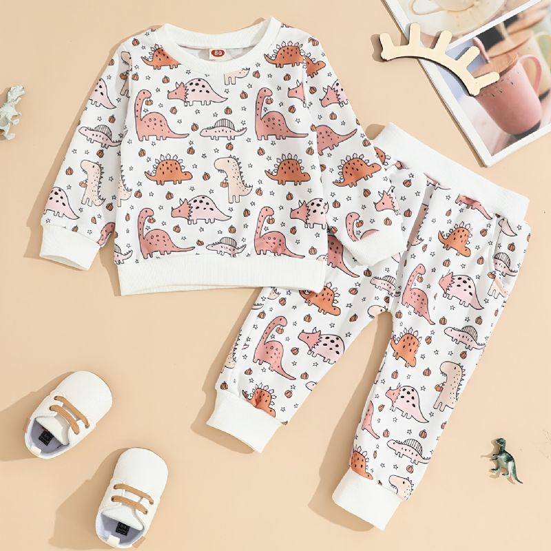 Toddler Baby Pullover Dinosaur Print Langærmet Sweatshirt Med Rund Hals Top Og Bukser Sæt Til Drenge Piger Børnetøj