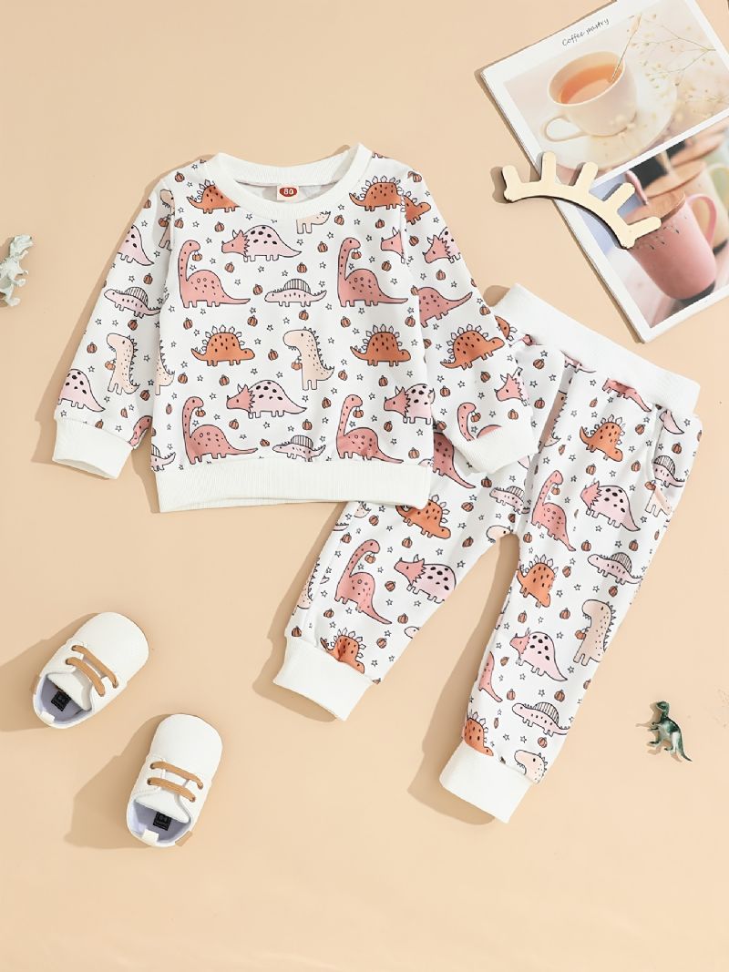 Toddler Baby Pullover Dinosaur Print Langærmet Sweatshirt Med Rund Hals Top Og Bukser Sæt Til Drenge Piger Børnetøj