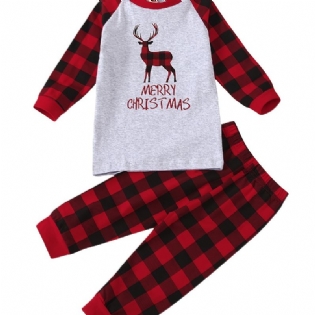 Toddler Baby Pyjamas Familie Outfit Jule Hjorte Print Rundhalset Langærmet Top & Plaid Bukser Sæt Til Drenge Piger
