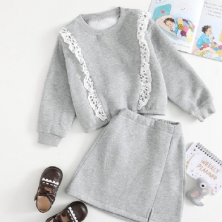 2 Stk Baby Piger Blonder Trim Pullover Rund Hals Langærmet Fleece Varm Sweatshirt & Nederdel Sæt