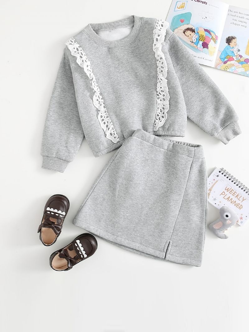 2 Stk Baby Piger Blonder Trim Pullover Rund Hals Langærmet Fleece Varm Sweatshirt & Nederdel Sæt