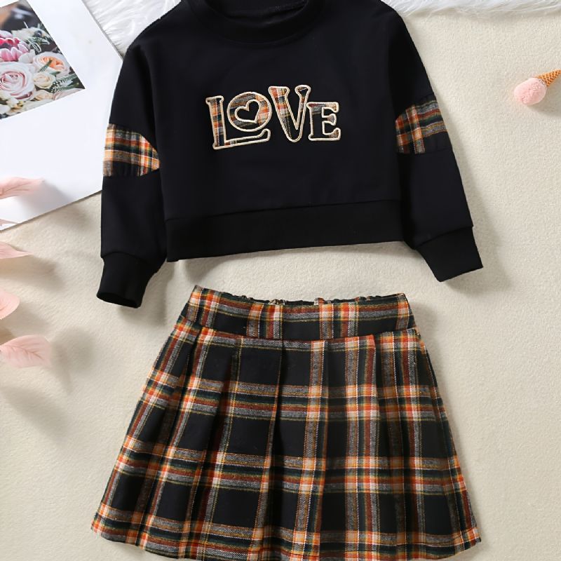2 Stk Baby Piger Brev Patchwork Pullover Langærmet Sweatshirt & Plaid Nederdel Børnetøj