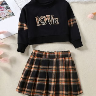 2 Stk Baby Piger Brev Patchwork Pullover Langærmet Sweatshirt & Plaid Nederdel Børnetøj