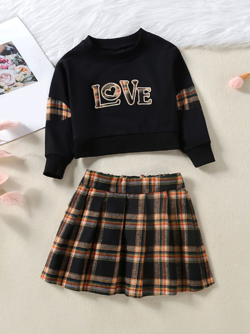 2 Stk Baby Piger Brev Patchwork Pullover Langærmet Sweatshirt & Plaid Nederdel Børnetøj