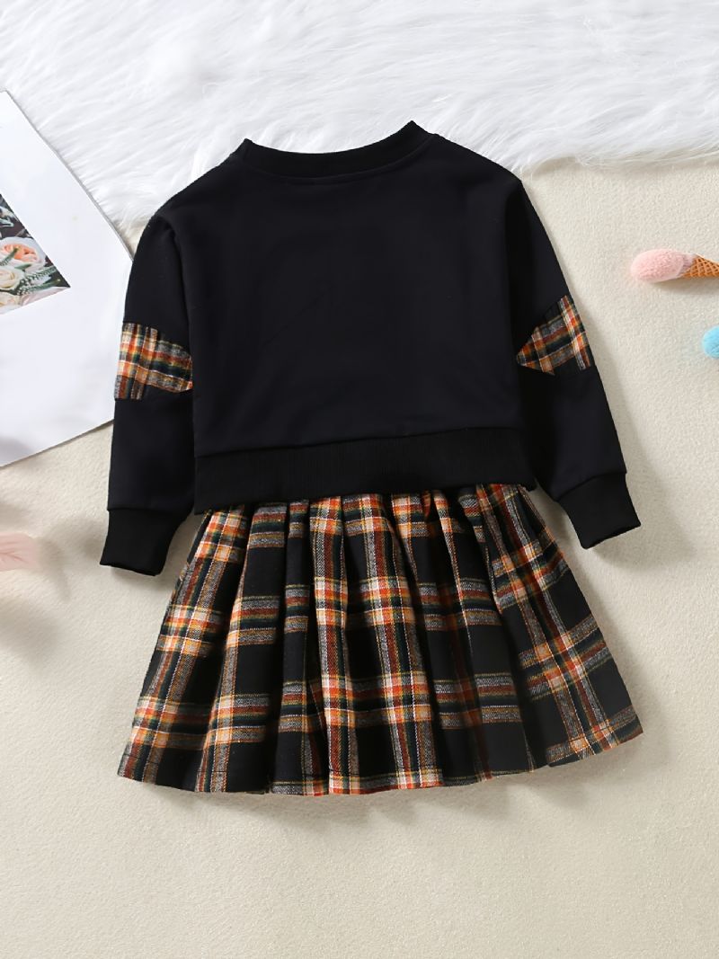 2 Stk Baby Piger Brev Patchwork Pullover Langærmet Sweatshirt & Plaid Nederdel Børnetøj
