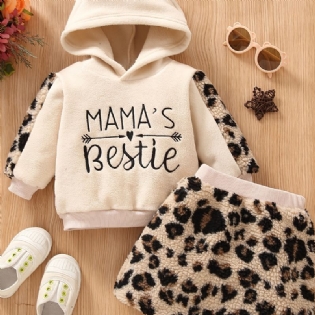 2 Stk Baby Piger Polar Fleece Hættetrøje Leopard Brev Broderi Top & Nederdel Sæt Børnetøj