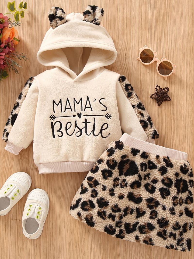 2 Stk Baby Piger Polar Fleece Hættetrøje Leopard Brev Broderi Top & Nederdel Sæt Børnetøj